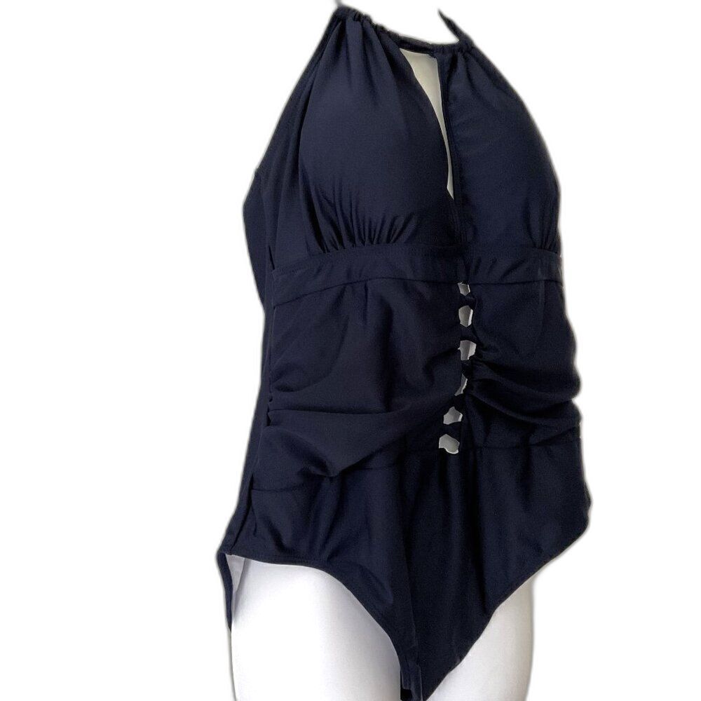 NEW Navy Cutout Halter Plunge Ruched One Piece Swimsuit - Picture 2 of 7